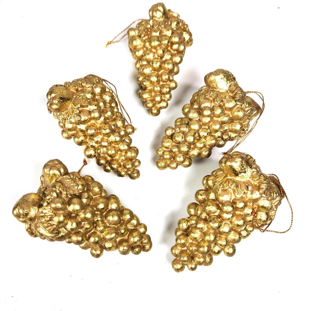 Vintage Gold Leaf Grape Cluster Ornaments Hanging Lot 5 Heavy Tuscan Decor
